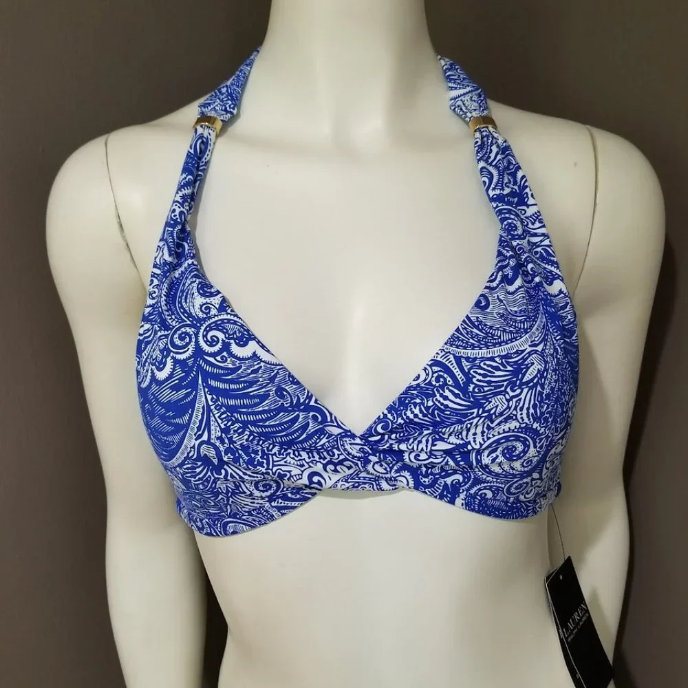 Lauren Ralph Lauren Twist-Front Halter Bikini Top - Artisanal Woodblock Size 4 - Picture 2 of 8